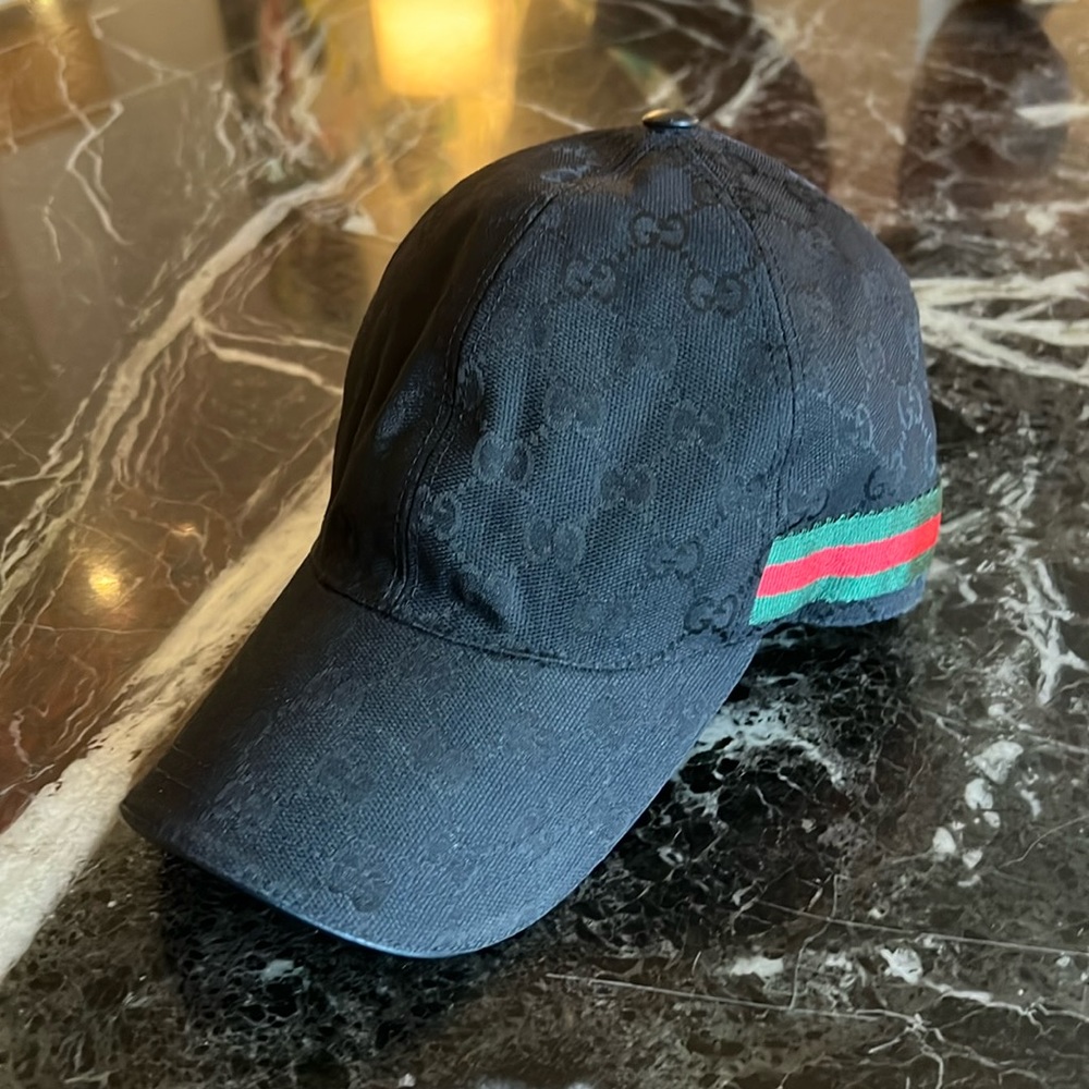 GUCCI GG Canvas Baseball Hat Cap Black Leather Green/Red Stripe Classic